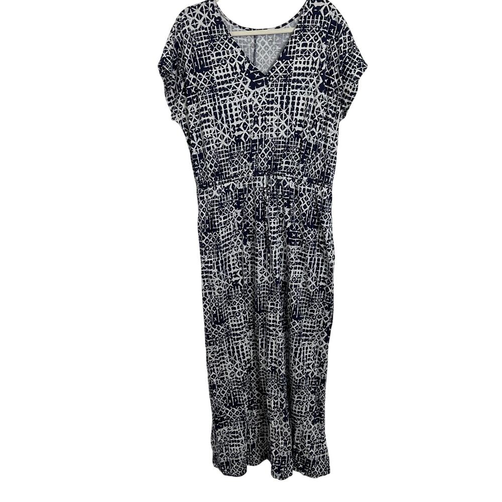 Garnet Hill Blue White Printed Maxi Dress Women's Large Organic Cotton Lyocell